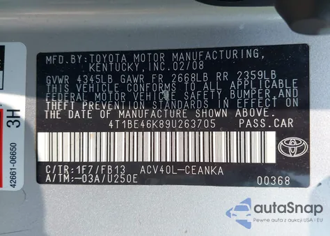 2009 Toyota Camry Se/Le/Xle z USA, uszkodzony, nr VIN 4T1BE46K89U263705